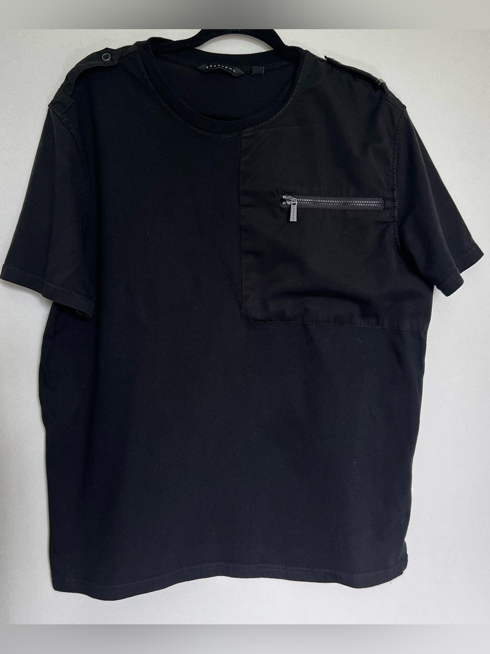 Sean John Black Short-Sleeve Tee with Chest Zip Pocket